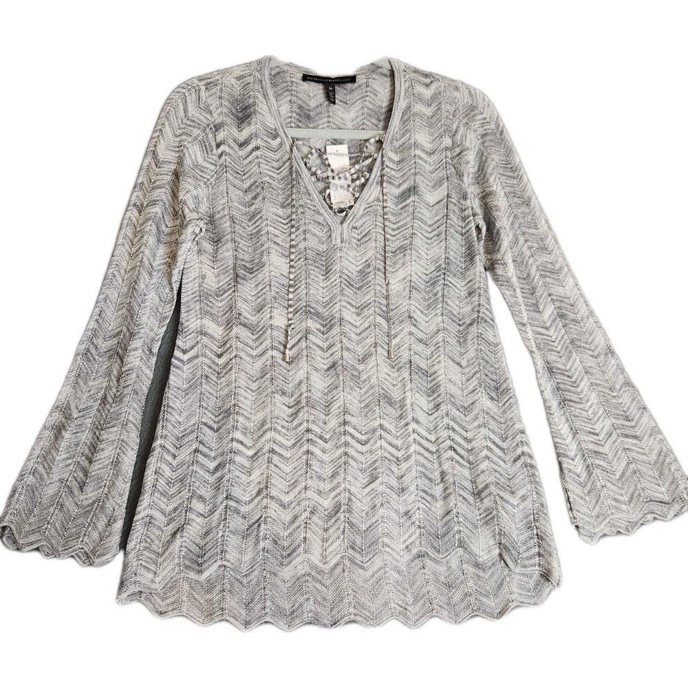 White House Black Market‎ Womens Sz PS Crochet Knit Sweater Long Sleeve Grey NWT